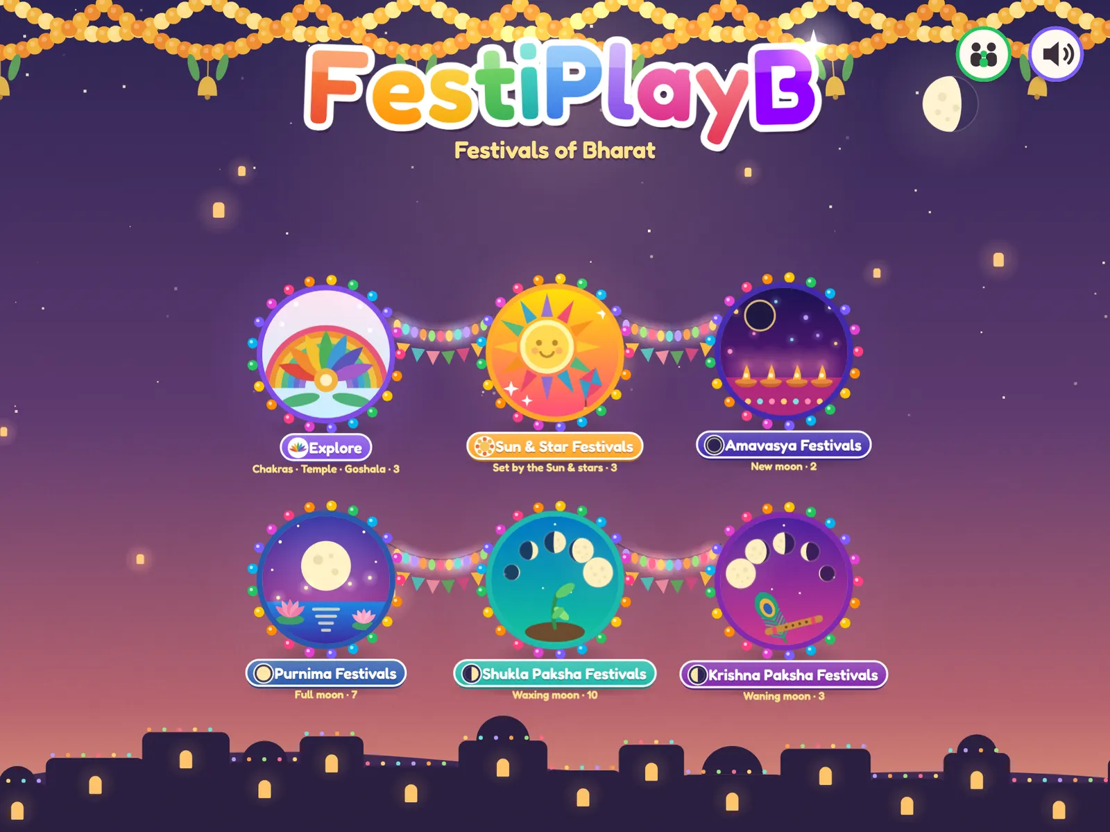 The FestiPlayB home screen: festivals grouped by Purnima, Amavasya, Shukla and Krishna Paksha
